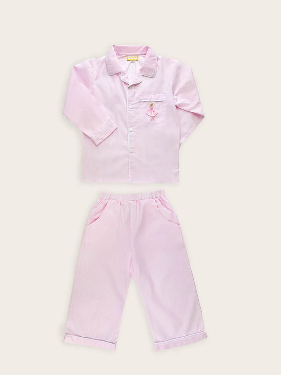 Pink and White Stripe Pyjamas with Hand Embroidered Ballerina