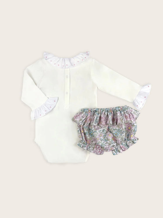 Hand Embroidered Pink Dot Frill Bodysuit with Pink Floral Frill Bloomer Set