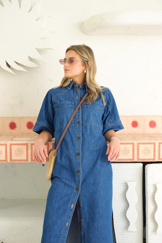 Short Sleeve Yoke Detail Midi Dress