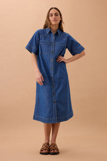  Short Sleeve Yoke Detail Midi Dress