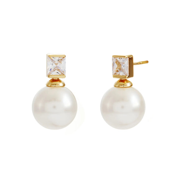 Bronte Gold Plate Clear & White Pearl Earrings