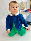 Hand Embroidered Sailboat Green Corduroy Overalls with Navy Trim