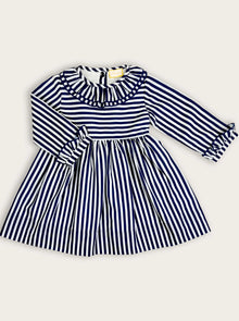  Ruffle Dress Navy & White Stripe