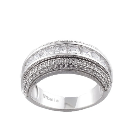 Rhodium Micro Pave CZ Princess Cut Ring