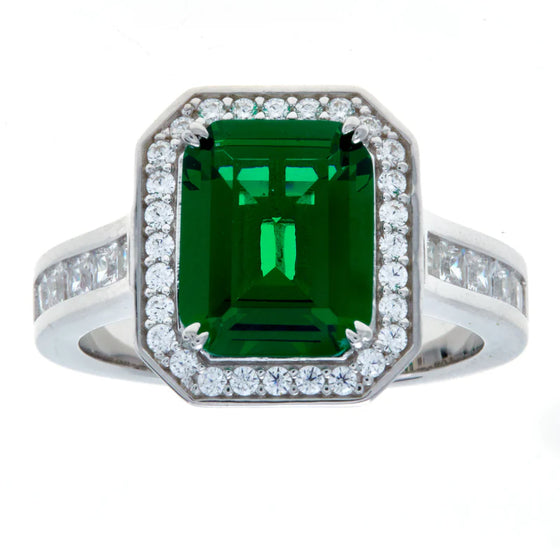 Rhodium Emerald Green & CZ Ring