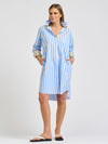 Winnie Classic Shirt Dress Pale Blue Stripe Floral Trim