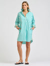 Claire Popover Shirt Dress Marine Stripe floral trim
