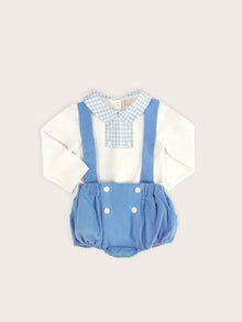  Blue Corduroy Bloomers with Braces, and White Bodysuit Set