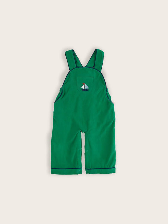 Hand Embroidered Sailboat Green Corduroy Overalls with Navy Trim