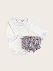  Hand Embroidered Pink Dot Frill Bodysuit with Pink Floral Frill Bloomer Set